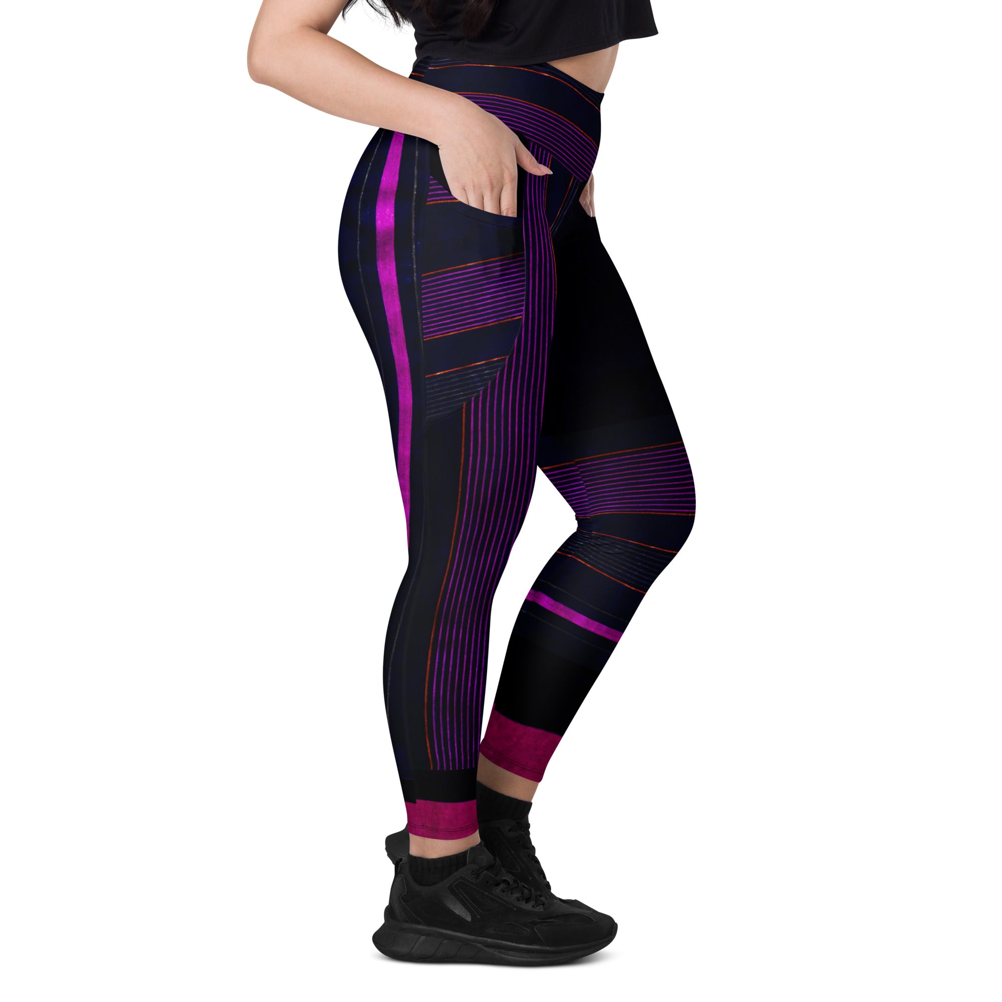 Black Gym Leggings with Pockets. Purple Pin Stripes Dance Leggings. Crossover Waist Yoga Pants. "Peppermint" by WickedYo.